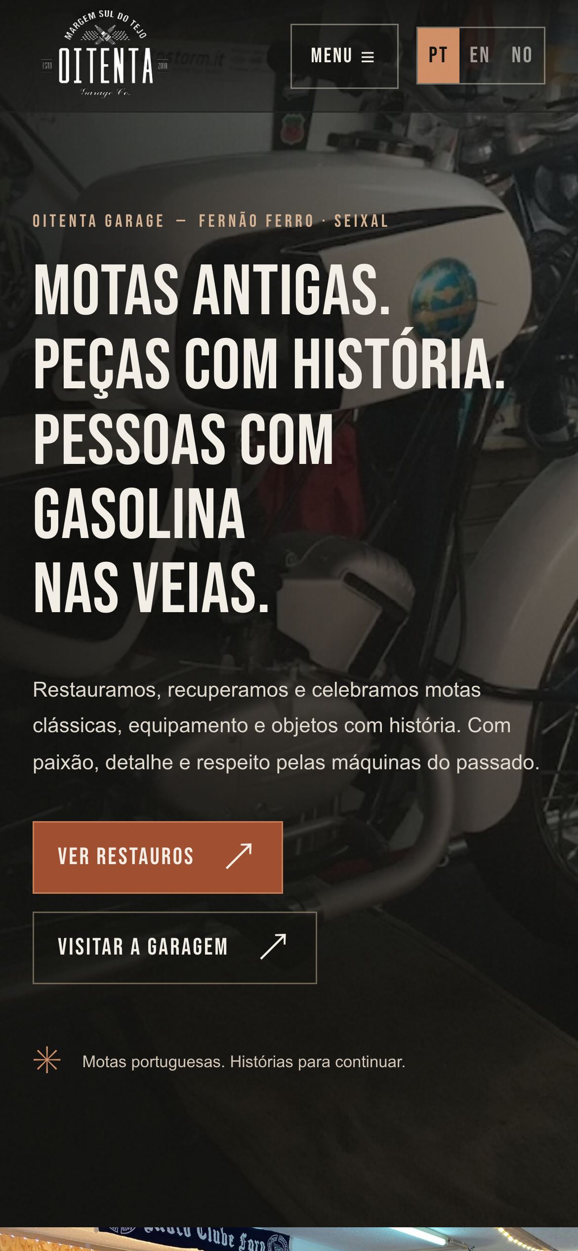 Oitenta Garage website home page on a phone