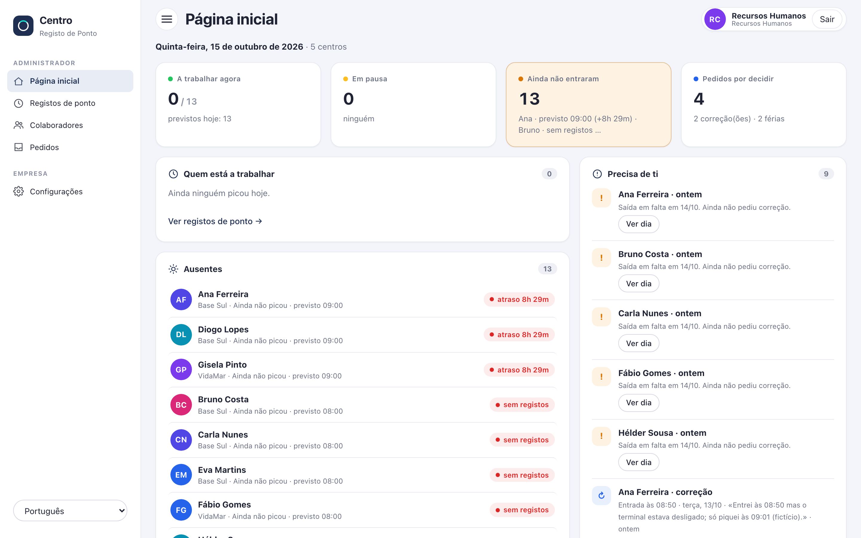 Time tracking home page showing who is working, absences and requests (fictitious data)